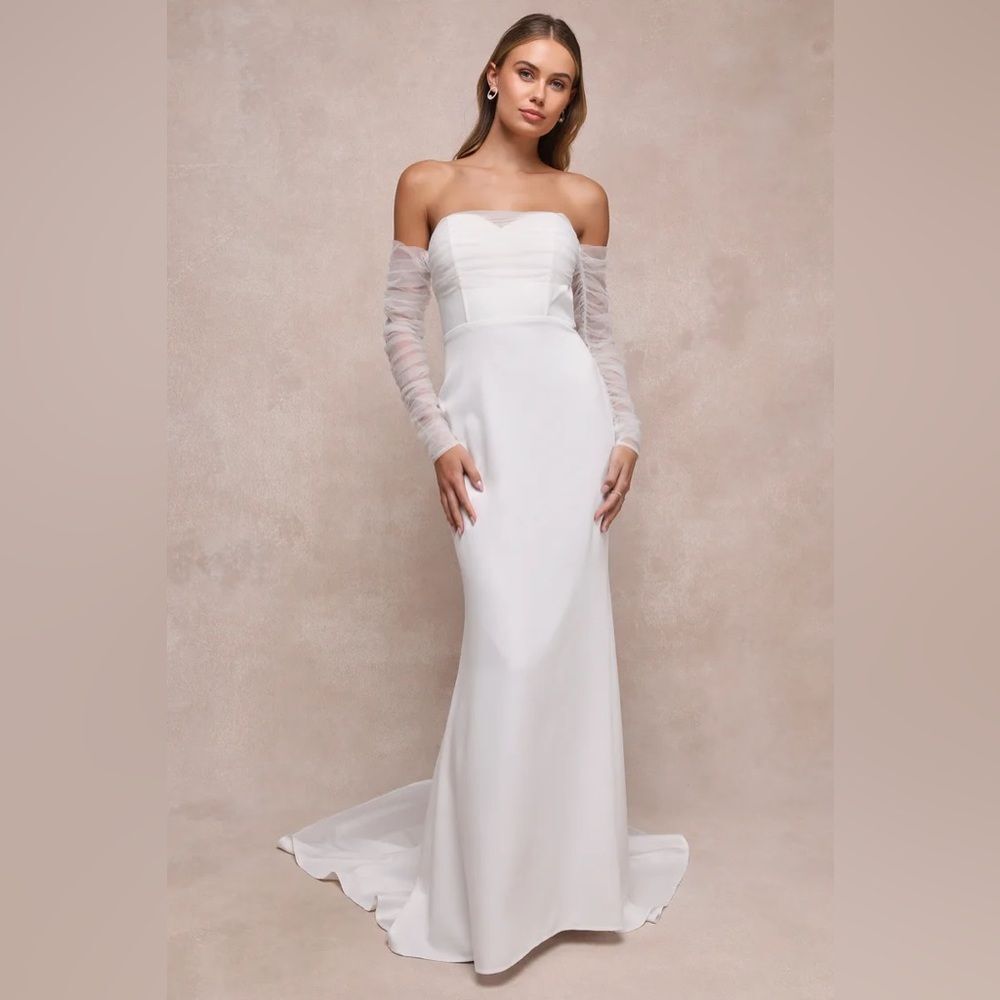 Lulus Beautifully Beloved White Mesh Off-the-Shoulder Maxi Dress